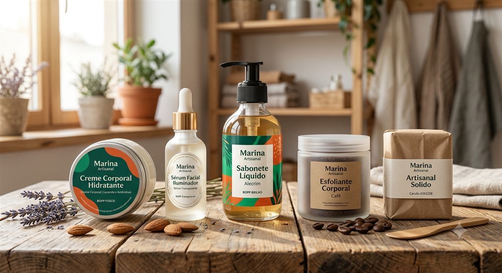 Linha de cosméticos artesanais com rótulos personalizados em pequena tiragem