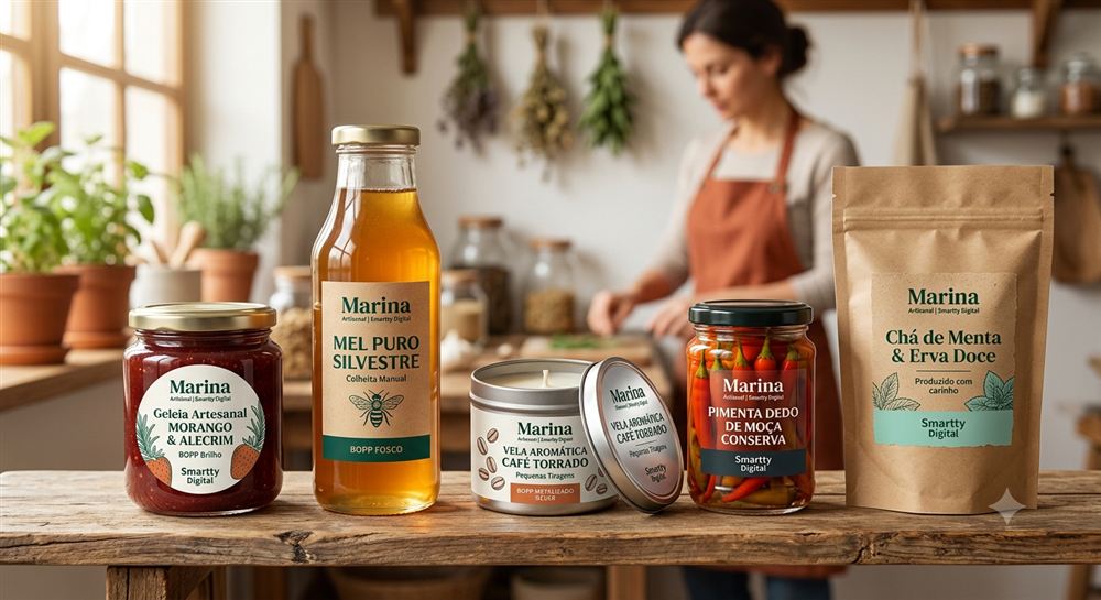 Linha de produtos artesanais (geleia, mel, vela, conserva e chá) com rótulos em pequena tiragem