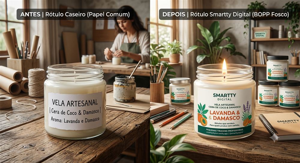 Antes e depois de rótulo em vela de lavanda e damasco